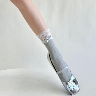 夏季蕾丝花边拼接棉袜糖果色蝴蝶结甜美中筒袜白色薄款堆堆短袜女