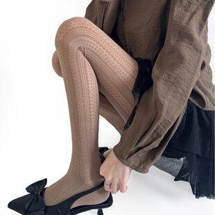 复古竖纹提花蕾丝格雷系微透显瘦棉质打底裤女法式百搭连裤袜春秋