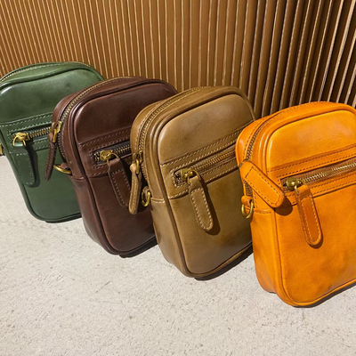 真牛皮植鞣头层牛皮小方包男生斜挎手机包休闲腰包拉链树膏皮杂物