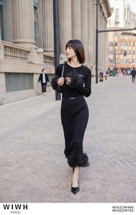 袖 WIWH 竖罗纹黑色开衫 贴合身型 口鸵鸟毛包口复古 SUAW2023新品