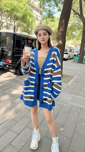 SAYOWT设计师品牌时尚休闲条纹牛角扣开衫韩版慵懒风毛衣女