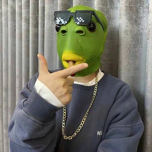 网红新款绿头鱼头套男沙雕鱼头怪面具搞怪牛马动物表演万圣节面罩