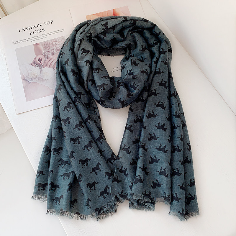 外贸尾单棉麻围巾毛边小马印花女春秋冬季韩版新款保暖时尚披肩