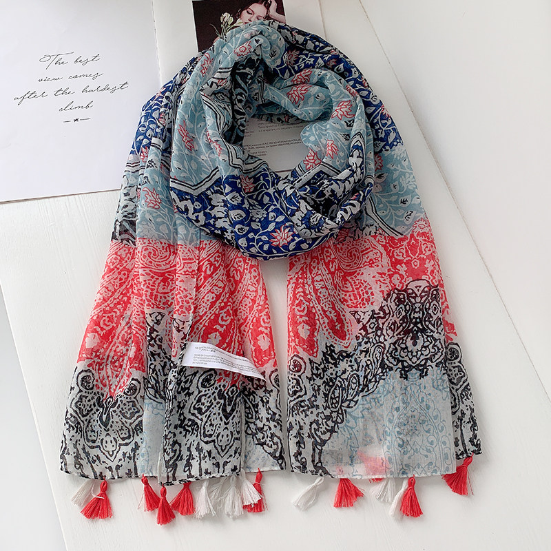 新款粉嫩小清新腰果印花棉麻围巾女薄款复古民族风流苏防晒披肩
