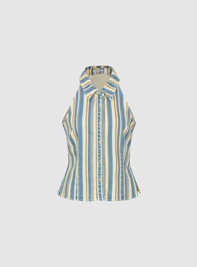 SHampUR2026春季新款女装休闲学院风条纹无袖挂脖衬衫UYU250004