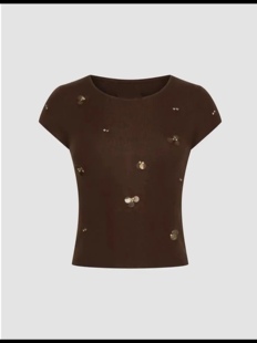 新款 针织衫 女装 潮流气质圆领钉珠短袖 上衣 时尚 SHamp2025夏季