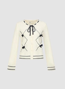 2026春季新款女装都市撞色菱格蝴蝶结短款针织开衫UYU960031