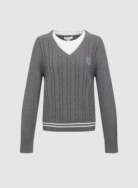 SHampUR2026春季新款女休闲学院风撞色假两件刺绣针织衫UYY960010