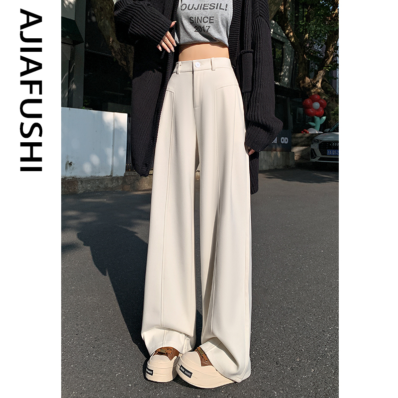 米白色阔腿毛呢裤女秋冬加厚长裤