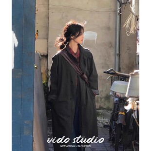 日本OFFCAT白鹿同款韩系复古中长款风衣灰绿色休闲气质宽松外套