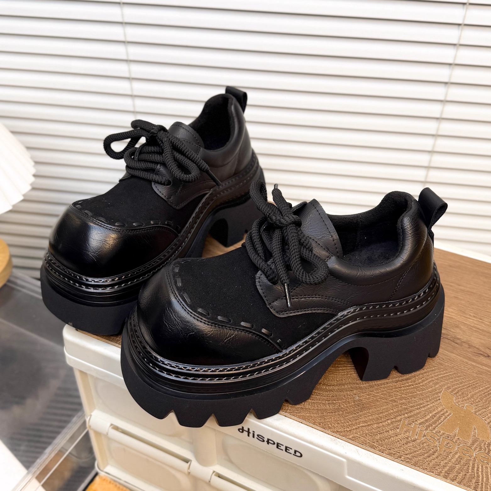 日本OFFCAT8cm磨砂真皮厚底大头德比鞋女小皮鞋增高显瘦乐福鞋潮