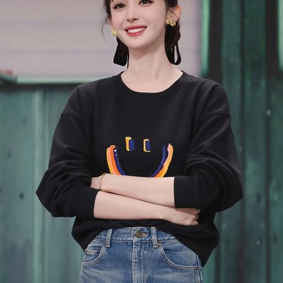 日本OFFCAT古力娜扎同款秋冬黑色笑脸印花卫衣女宽松显瘦百搭上衣