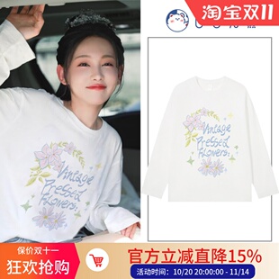 日本OFFCAT李沐宸同款韩系白色长袖t恤女宽松慵懒风早秋季氛围感