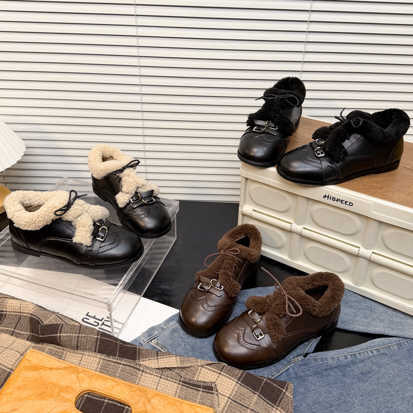日本OFFCAT真皮英伦风毛毛小皮鞋女2025冬季新款加绒保暖时尚棉鞋