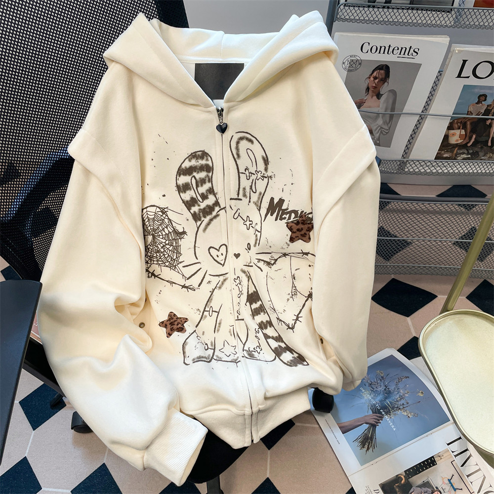 日本OFFCAT日系甜美卡通兔子猫耳朵连帽卫衣女小个子秋冬宅萌二次