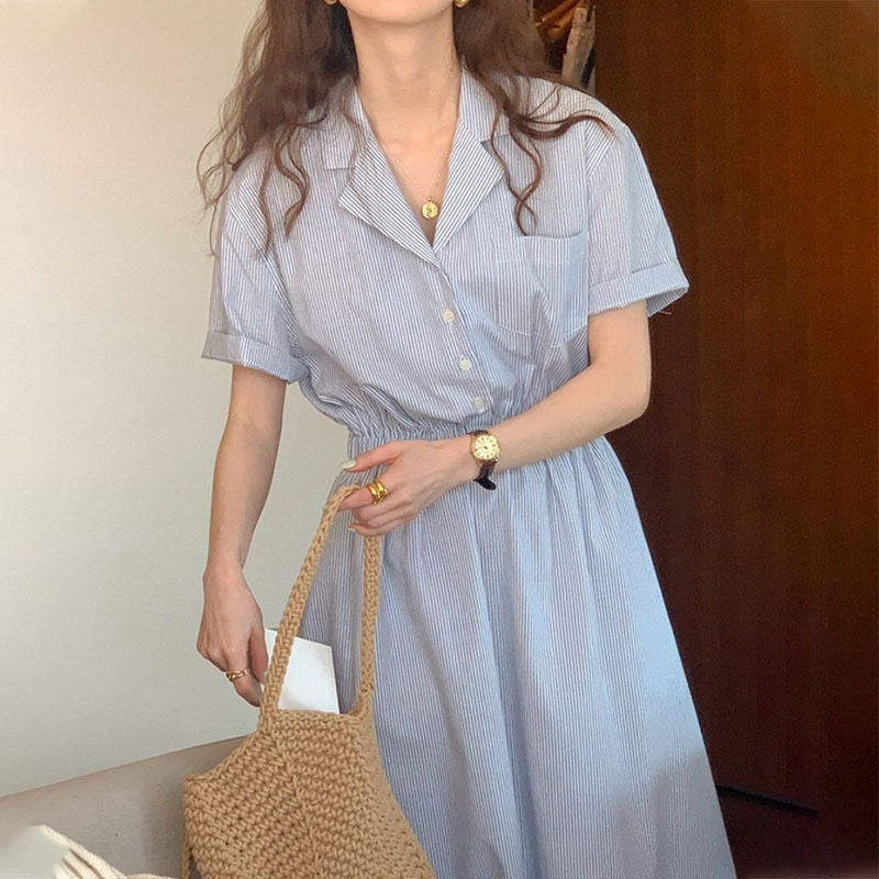 韩国2025夏季新款法式V领短袖洋装收腰显瘦条纹衬衫洋装女