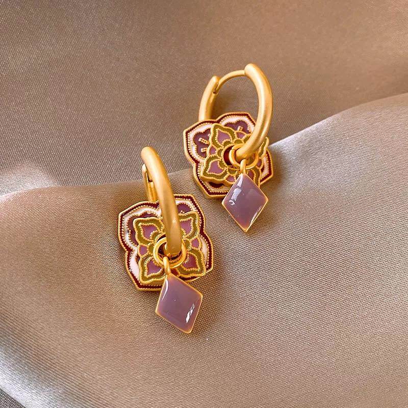 新中式紫色珐琅耳环女轻奢高级感耳钉2024年新款爆款气质国风耳饰