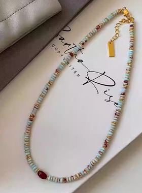 小众天然红石串珠项链彩色碧玉