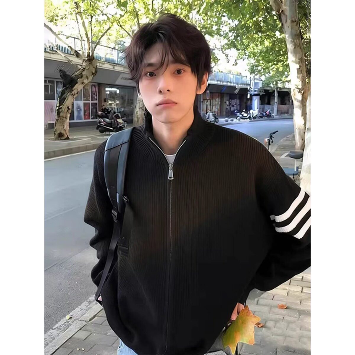 特双拉链高领条纹袖针织开衫女冬季新款修身显瘦减龄毛衣外套1619