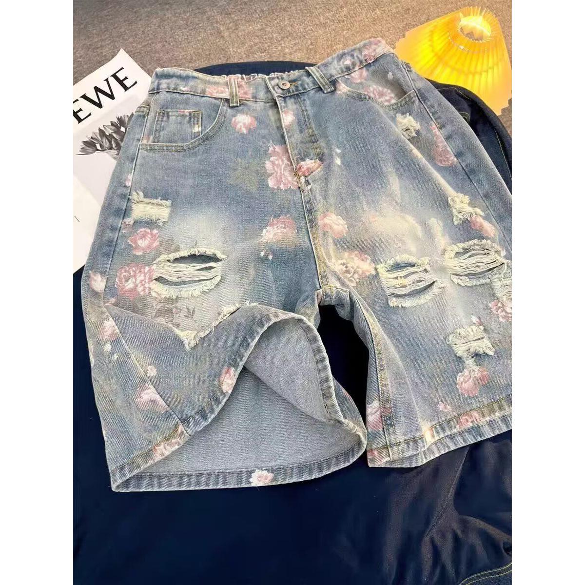 蓝色印花牛仔短裤女夏薄款2026新款宽松阔腿中裤高腰直筒五分裤子