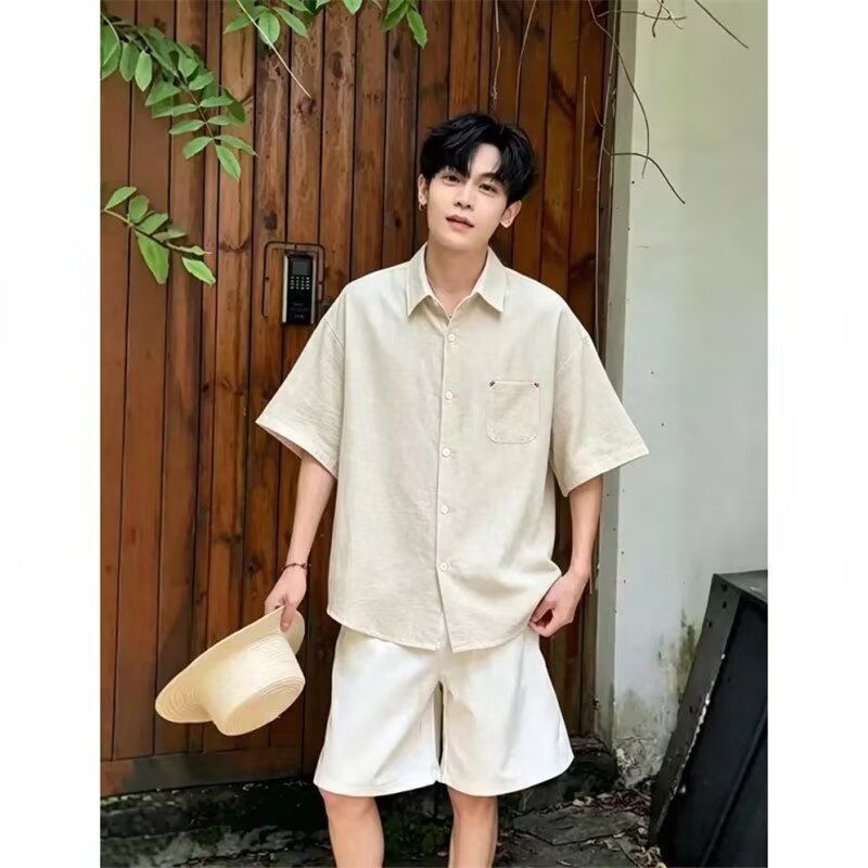 夏季薄款纯色短袖衬衣男2026款百搭休闲男士寸衫五分袖男生衬衫