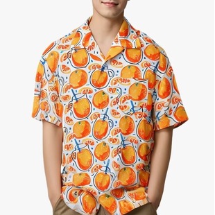 港风休闲夏威夷短袖花衬衫多巴胺橙色水果潮流复古情侣衬衣夏季