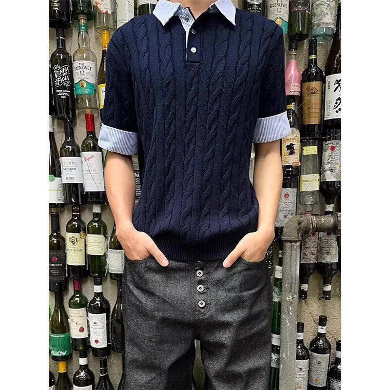 春秋季假两件五分t恤男士衬衫领休闲针织打底衫青年潮流宽松毛衣