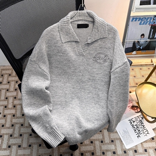 灰色慵懒风v领毛衣男女冬季美式复古polo领针织衫翻领内搭打底衫