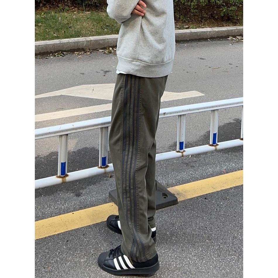 三条杠军绿色宽松日常复古深灰色做旧通勤中性黑色百搭休闲裤街头