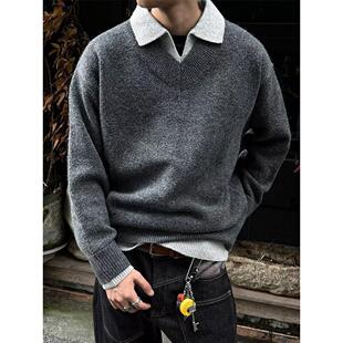 工装美式复古海鸥领polo衫宽松慵懒套头坑条针织衫毛衣男秋冬