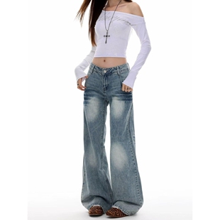 美式辣妹小个子水洗不贴腿微喇叭牛仔裤女低腰宽松直筒阔腿长裤潮