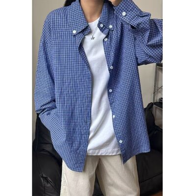 春夏季细蓝格子衬衫ins美式