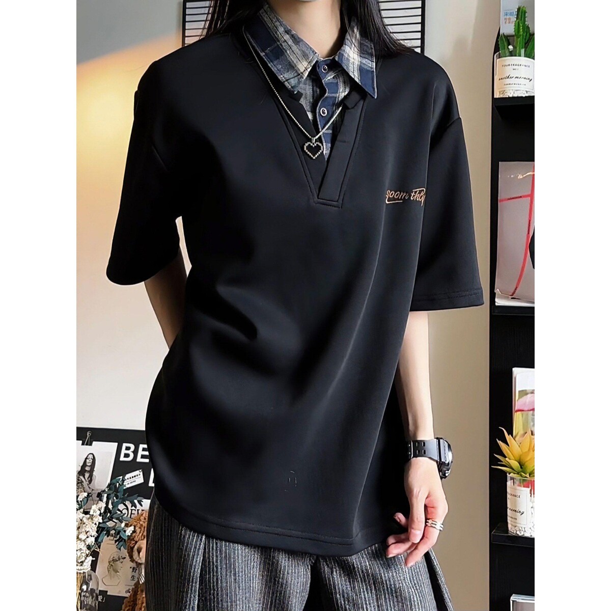 黑色美式假两件t恤男女款夏季拼接格子衬衫领短袖polo衫情侣半袖