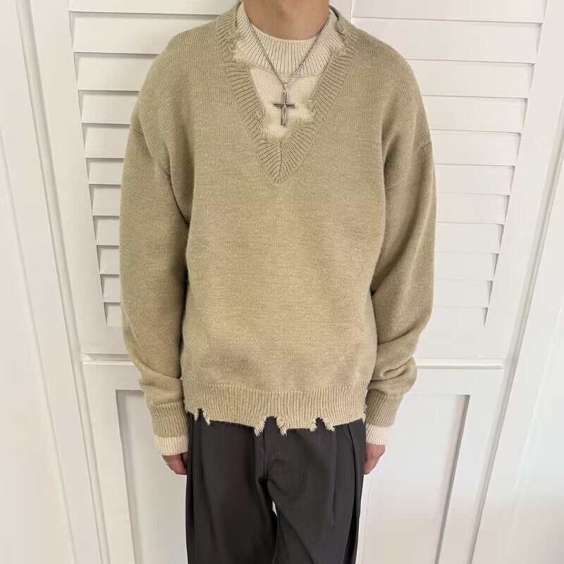 美式复古半拉链破洞破坏毛衣男时尚痞帅慵懒风宽松情侣毛边针织衫