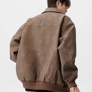 宽松复古高级感痞帅翻领皮衣外套 新款 美式 潮牌pu皮飞行夹克男春季