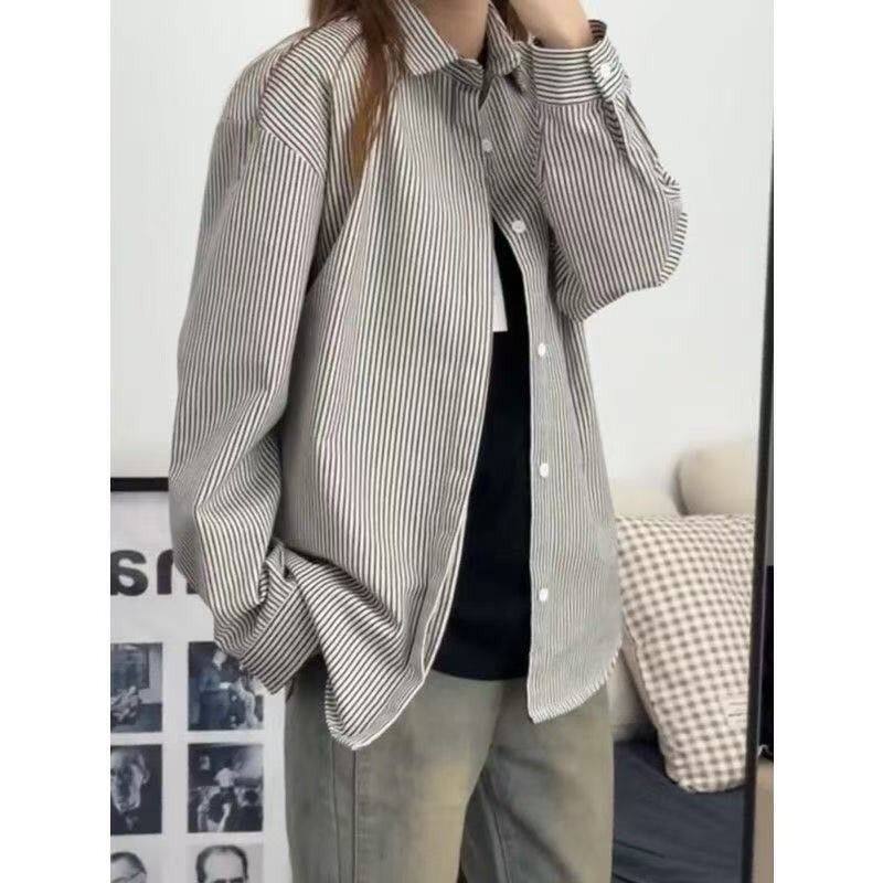复古黑白条纹长袖衬衣男春秋高品质百搭衬衫男女同款休闲宽松外套