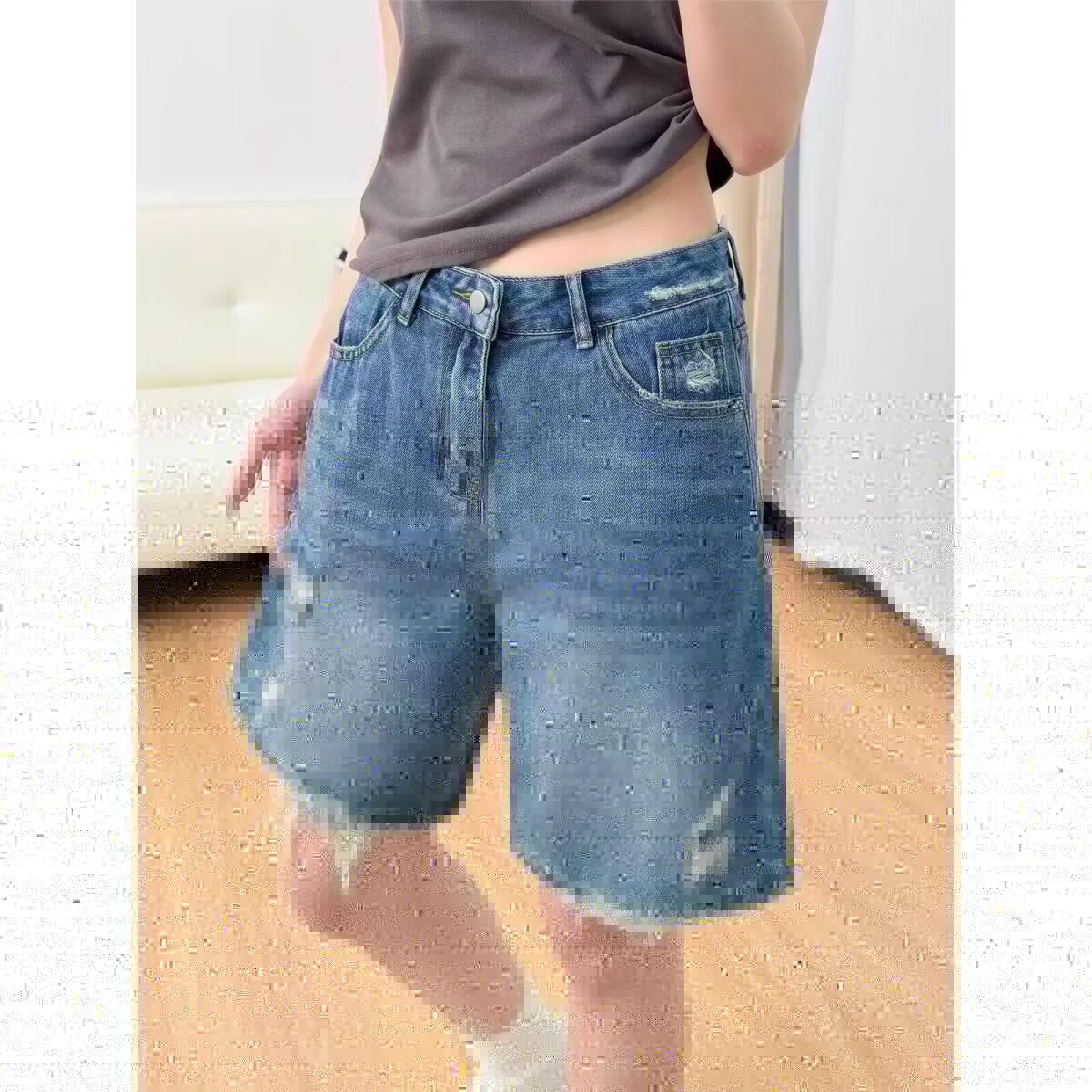 复古蓝直筒牛仔短裤女夏大码胖mm宽松显瘦梨形身材阔腿五分中裤子