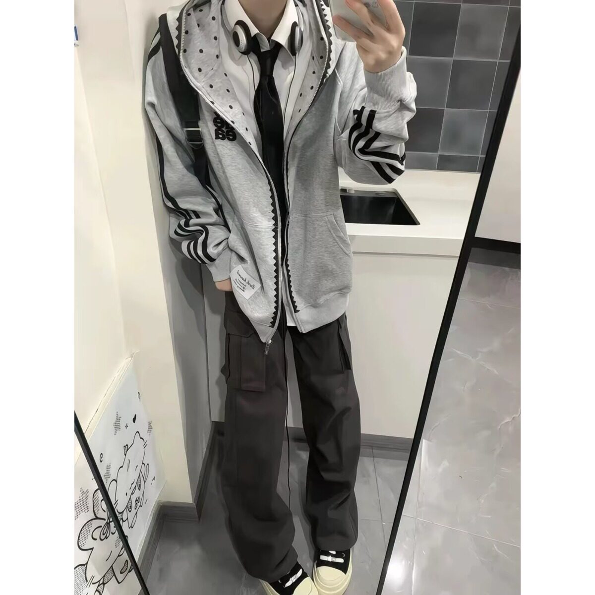 连帽卫衣马甲重磅华棉灰藏蓝波点日系叠穿外套背心日系宽松男女