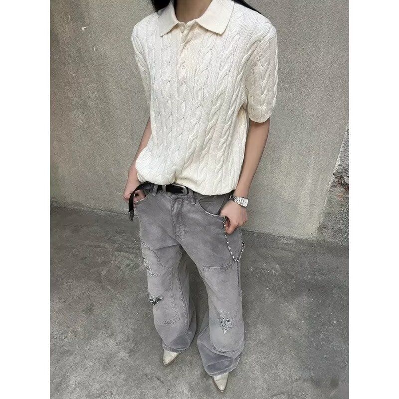 高级感针织polo衫肌肉男硬汉美式翻领短袖褶皱夏季V叠领冰丝短袖