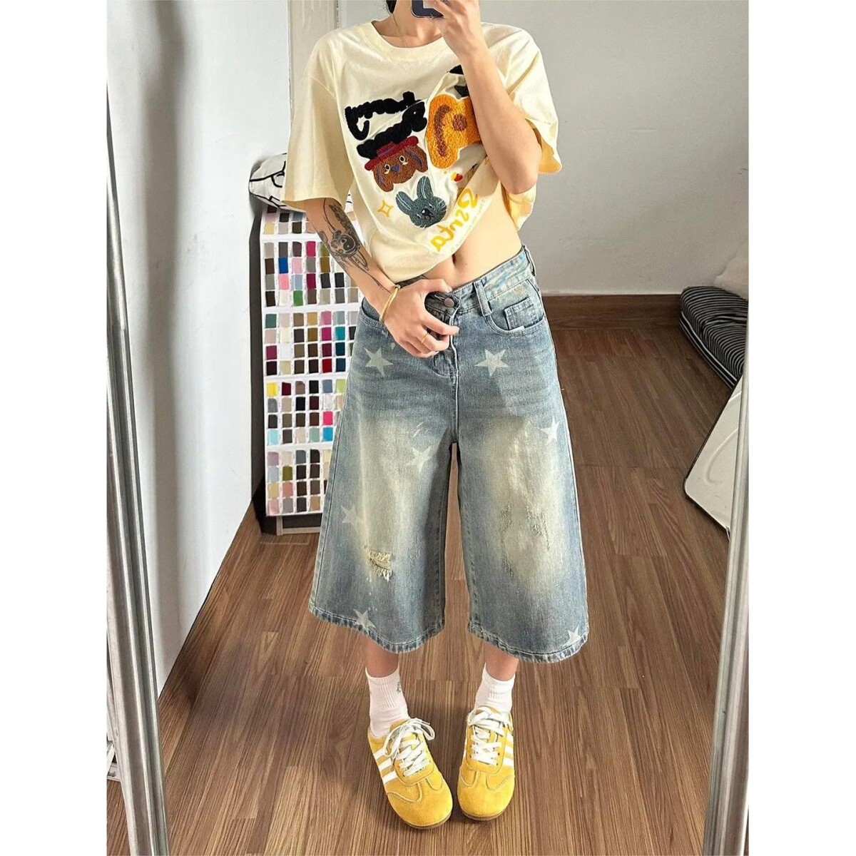 美式复古高腰涂鸦黄色牛仔短裤女夏季阔腿宽松直筒印花多巴胺短裤