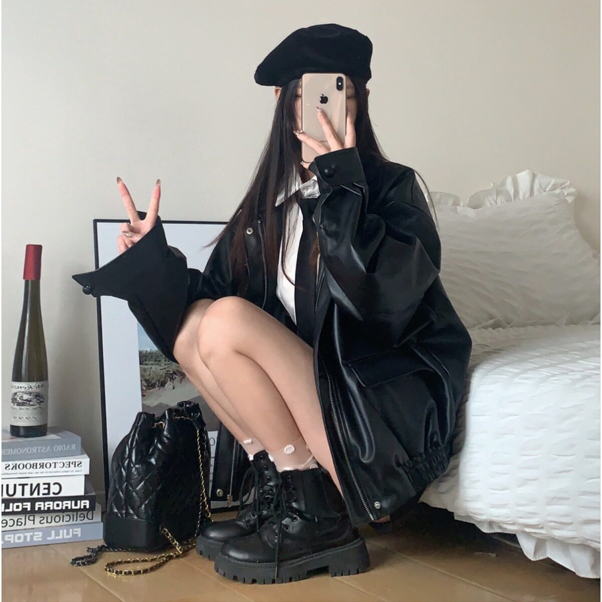 复古美式咖色皮衣夹克外套女早春秋甜酷风机车PU皮宽松长袖美拉德
