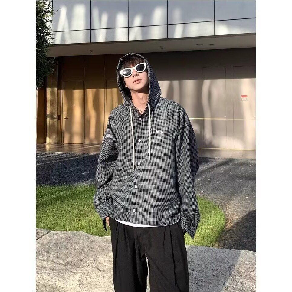 美式复古格子连帽衬衫男款春夏阳光少年感长袖衬衣潮牌防晒薄外套