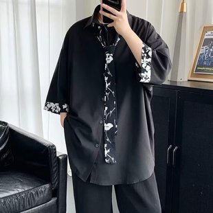 乱潮小众高级感拼接七分袖衬衫男夏季冰丝oversize痞帅慵懒风外套