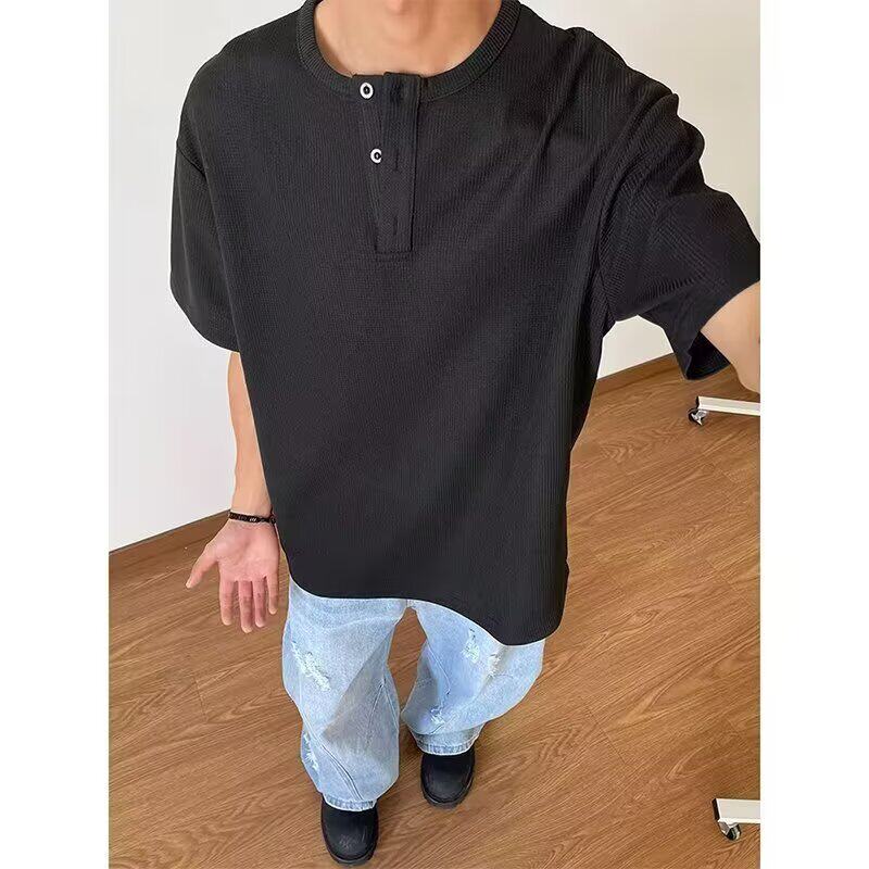 华夫格重磅排扣短袖t恤男夏季2025新款高级感小众圆领宽松上衣服