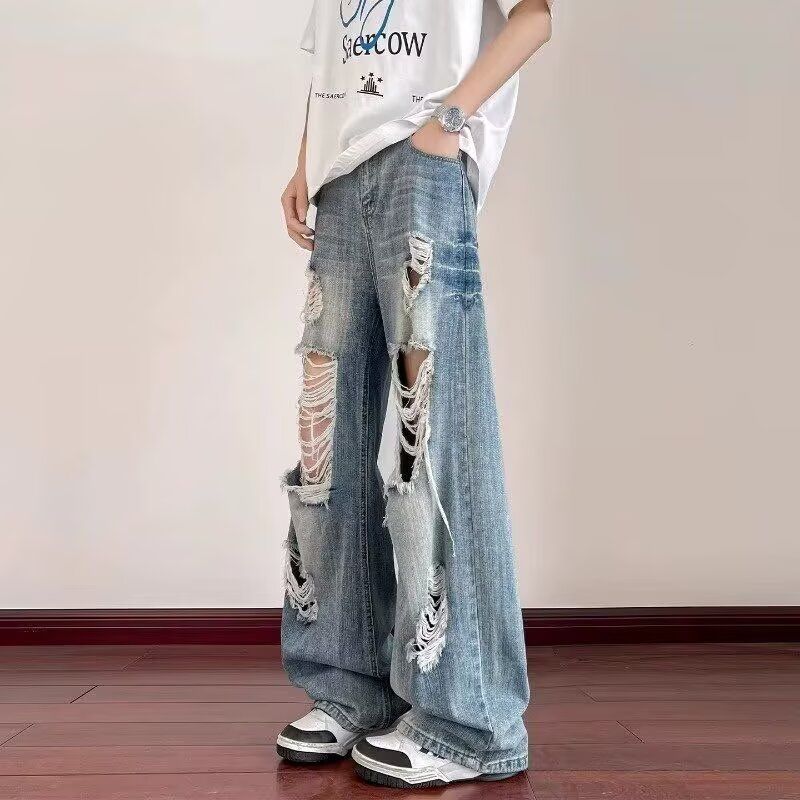帅气前后破洞设计休闲牛仔裤女夏新款高腰宽松显瘦百搭直筒阔腿裤