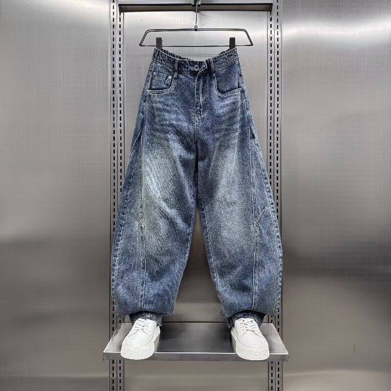 水洗做旧弯刀牛仔裤男女嘻哈微喇cleanfit解构阔腿香蕉裤宽松显瘦