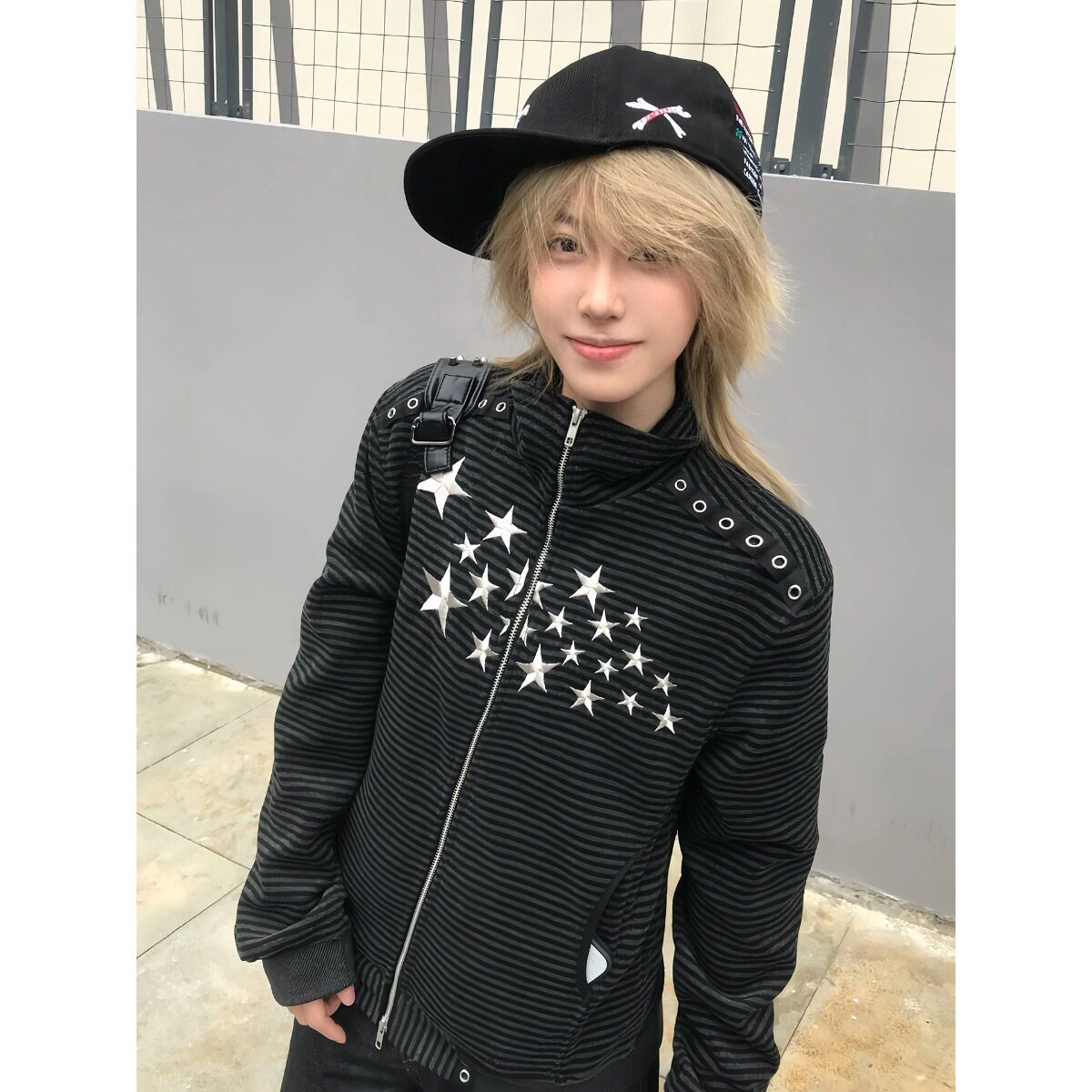 y2k亚文化条纹正肩外套女秋冬新款星星刺绣立领夹克街头轻亚上衣