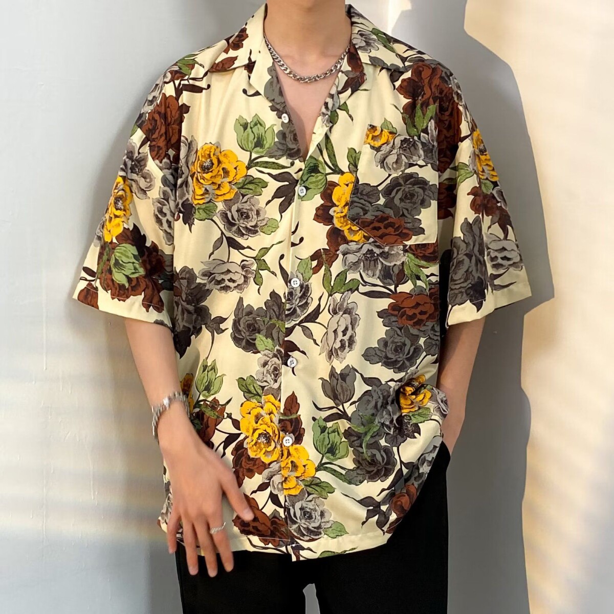 夏威夷风碎花衬衫男短袖海边沙滩度假男装冰丝寸衫宽松大码上衣服