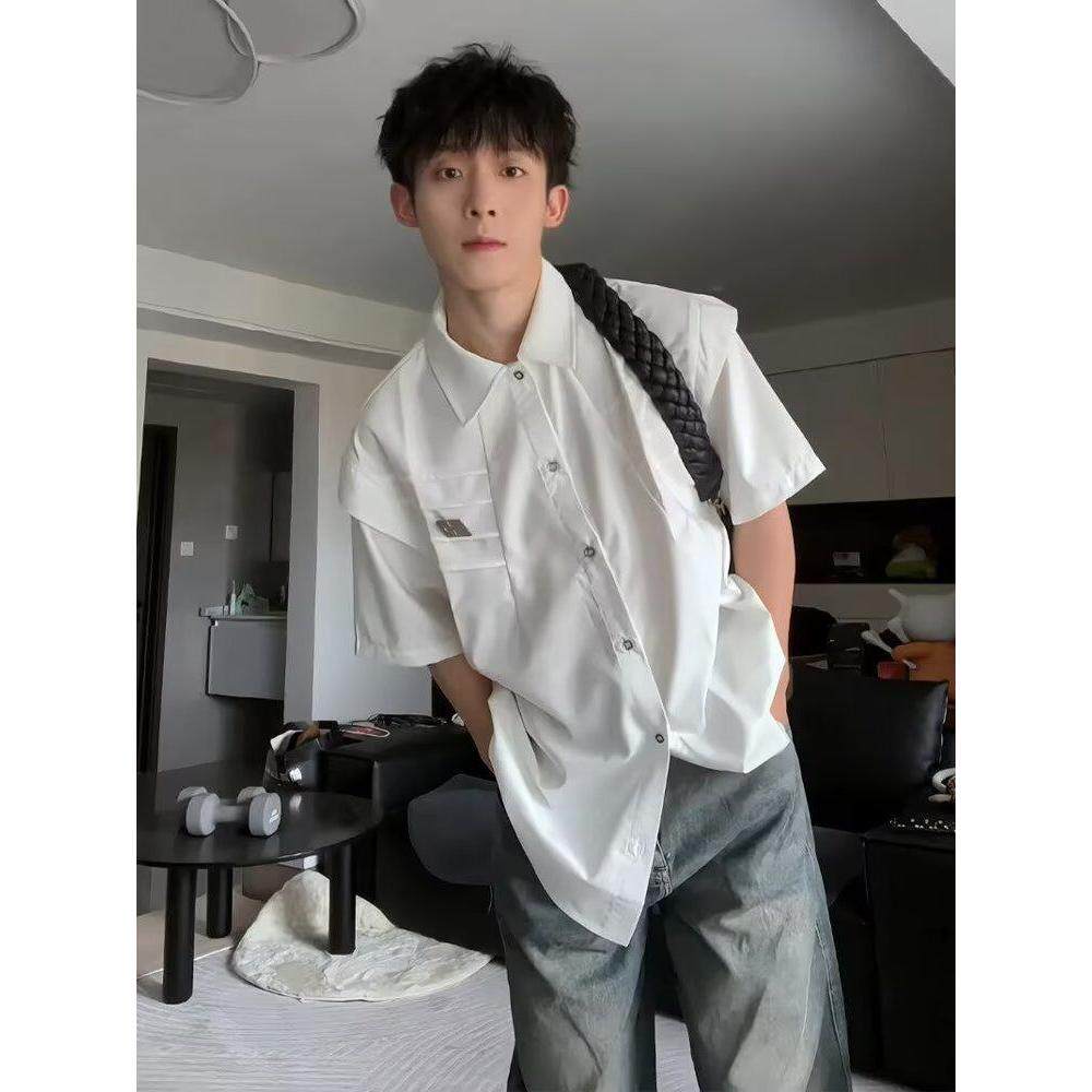 2026复古衬衫男夏装港风学生宽松小众设计感趣味新款男装上衣外穿