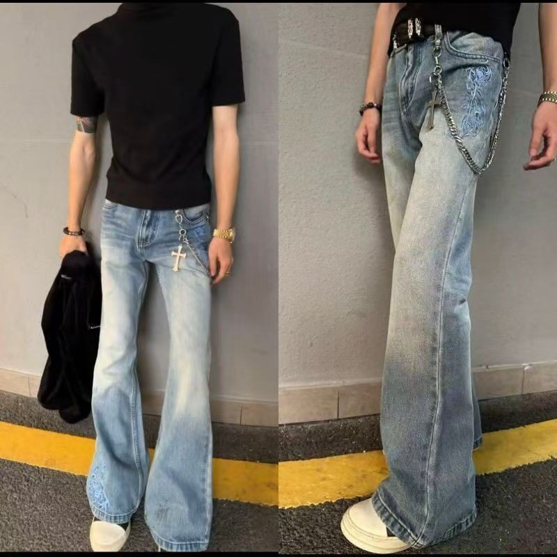 亚文化玫瑰刺绣蓝色微喇牛仔裤男款cleanfit潮流修身休闲拖地长裤